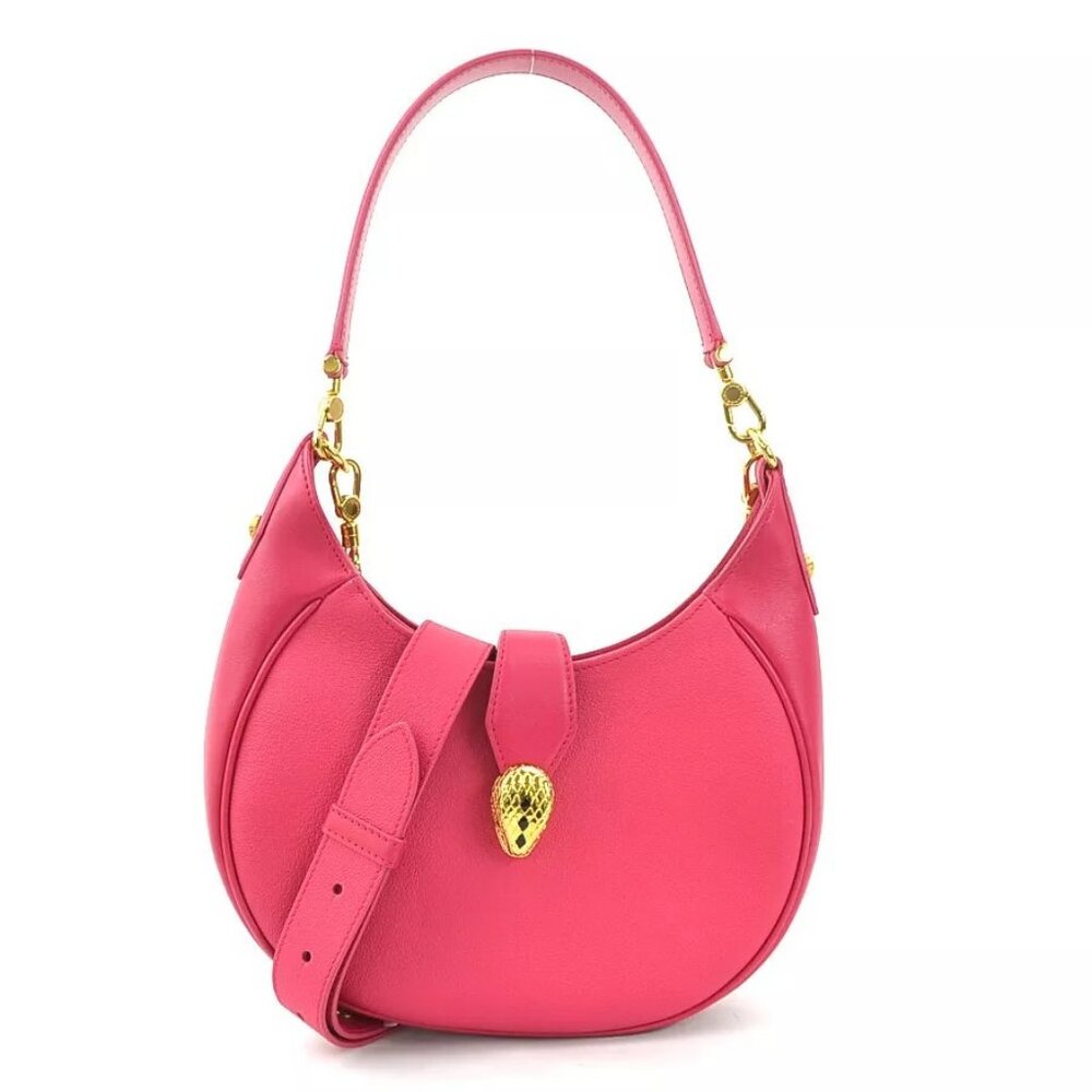 Auth BVLGARI Serpenti 2-way Shoulder Bag Magenta Leather/Goldtone